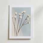 Den minimalistiska bomullsblomman Poster by Bozetto har fina vita blommor med tunna bruna stjälkar på en mjuk blå och beige bakgrund, inramad av en enkel vit kant. Tryckt på FSC-certifierat premiumpapper för en miljövänlig touch.