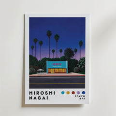 Bozetto Hiroshi Nagai HMV Record Shop Poster - en poster av en byggnad med palmträd och gata, inspirerad av 80-talets estetik och Hiroshi Nagais ikoniska stil.
