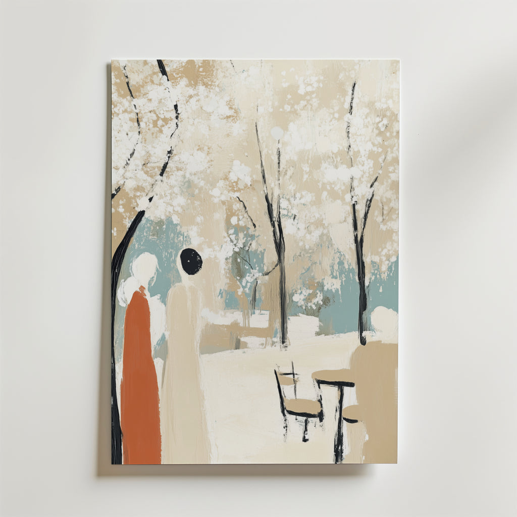 Minimalistiskt konstverk av två figurer under blommande träd i en park. Bozetto Golden Sunflower Poster är tryckt på premiumpapper med matt yta, med mjuka pasteller för en lugn och rofylld känsla.