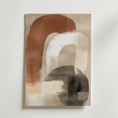 Retro Arches Poster från Bozetto har abstrakta överlappande bågar i brunt, beige, vitt och mörkgrått på en ljus bakgrund, vilket ger ett mjukt, strukturerat utseende - perfekt för elegant affischdekoration.