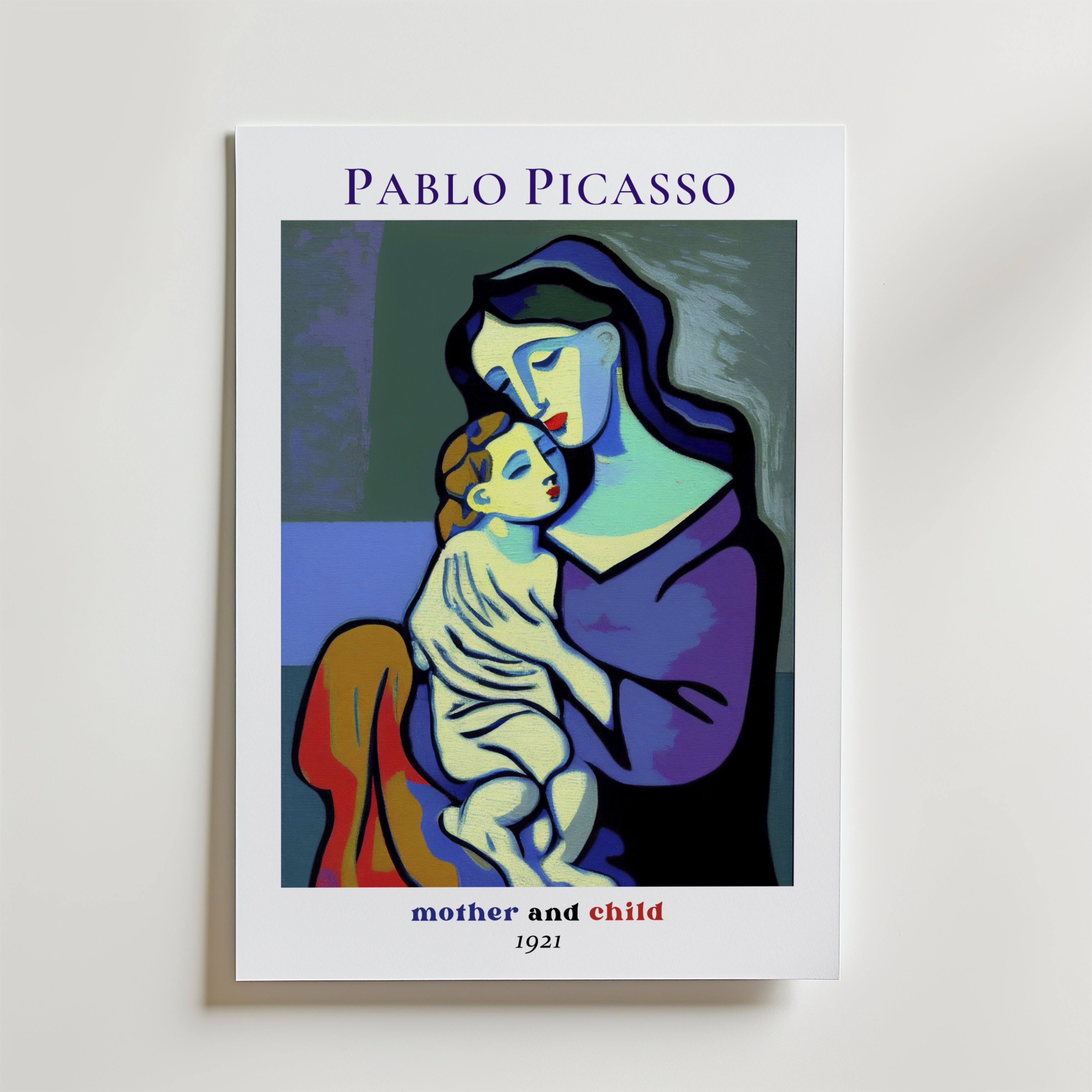Bozetto Picasso The Quiet Bond Poster föreställer en blåtonad mor och barn målning med "Pablo Picasso" upptill och "mother and child 1921" nedtill.