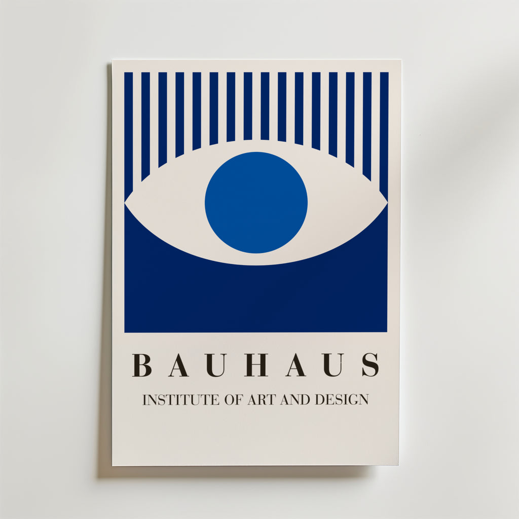 Bauhaus Blue Eye Poster från Bozetto visar ett blått och vitt abstrakt öga ovanför "BAUHAUS INSTITUTE OF ART AND DESIGN" i feta, moderna typsnitt på en ljus bakgrund, tryckt på premiumpapper med en lyxig matt finish.