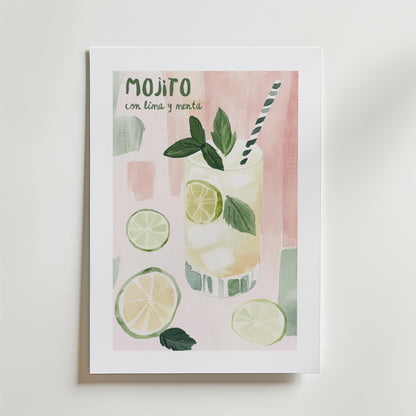 Bozetto Mojito Con Lima Y Menta Poster föreställer limeskivor, myntablad och ett randigt sugrör på en rosa och vit bakgrund, tryckt på FSC-certifierat premiumpapper med en lyxig matt finish.