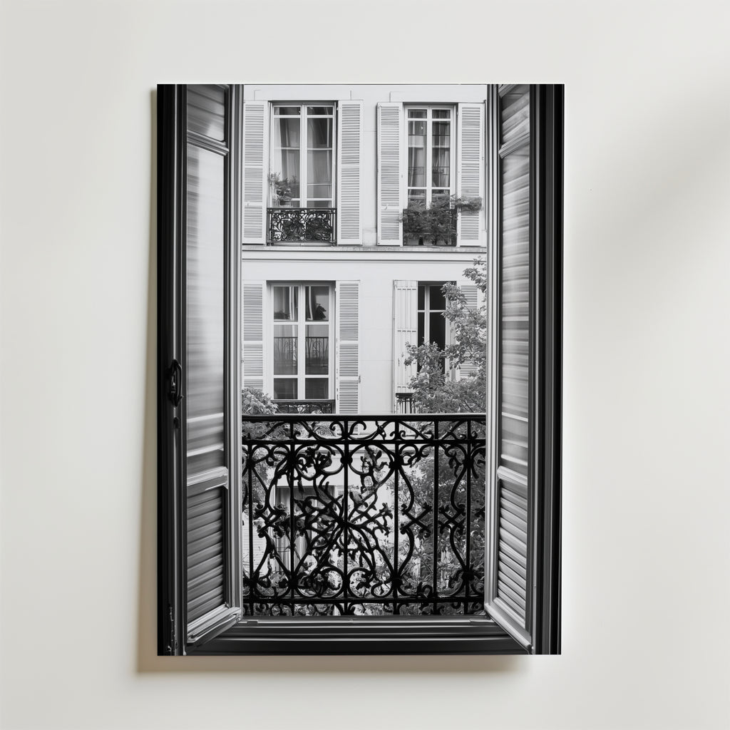 En svartvit Vintage Paris Balcony Poster från Bozetto föreställer ett öppet fönster med dekorativa järnräcken med utsikt över fönsterluckor och små balkonger, tryckt på premiumpapper med en matt finish.