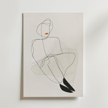 Red Lips Line Woman Poster by Bozetto: föreställer en sittande kvinna i svarta abstrakta linjer med en accent av röda läppar på premiumpapper. Postern är av hög kvalitet och perfekt för moderna interiörer, och den ser perfekt ut monterad på en vit vägg.