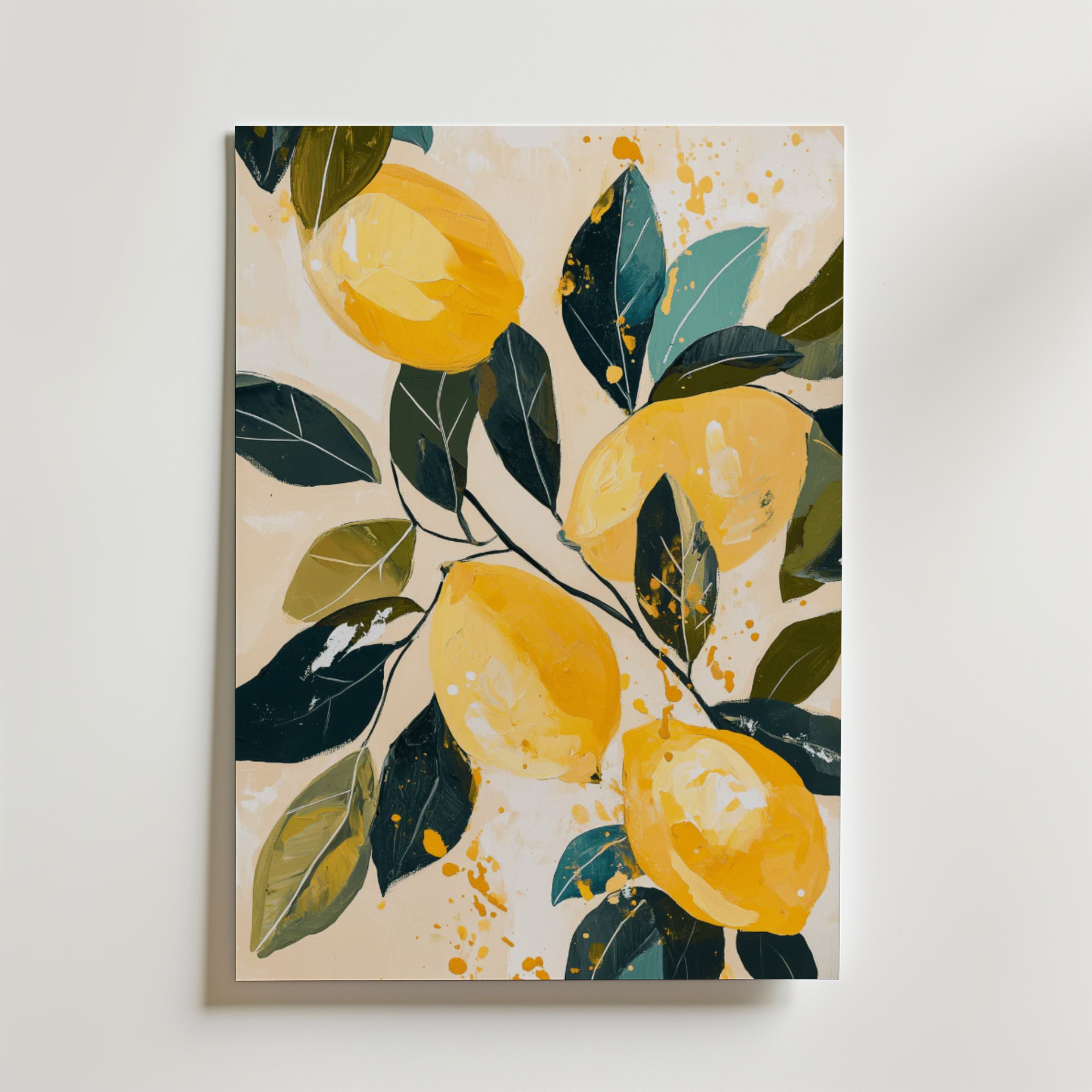 Bozetto Lemon Life Poster, tryckt på premiumpapper, har livfulla gula citroner och gröna blad på grenar mot en neutral bakgrund - en energisk, konstnärlig touch för din heminredning.