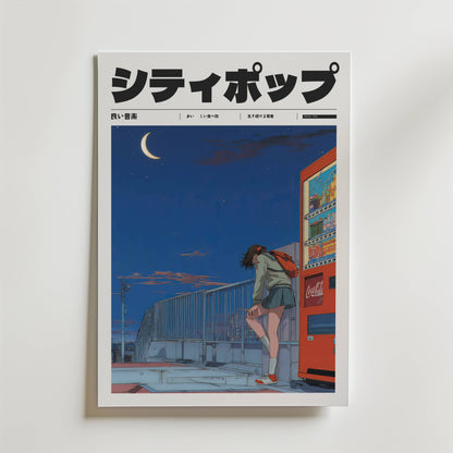 Neon Moon Poster från Bozetto föreställer en flicka i anime-stil med ryggsäck vid en varuautomat på ett tak under en halvmåne och djupblå himmel. Japansk text och retrovibbar framhäver nattlig frihet på denna unika poster.