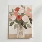 En målning av en glasvas med rosa, vita och röda rosor och gröna blad mot en mjuk, neutral bakgrund, inspirerad av Bozettos Sunset Over Lavender Fields Poster.