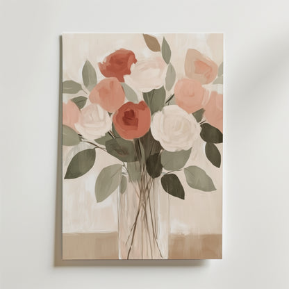 En målning av en glasvas med rosa, vita och röda rosor och gröna blad mot en mjuk, neutral bakgrund, inspirerad av Bozettos Sunset Over Lavender Fields Poster.