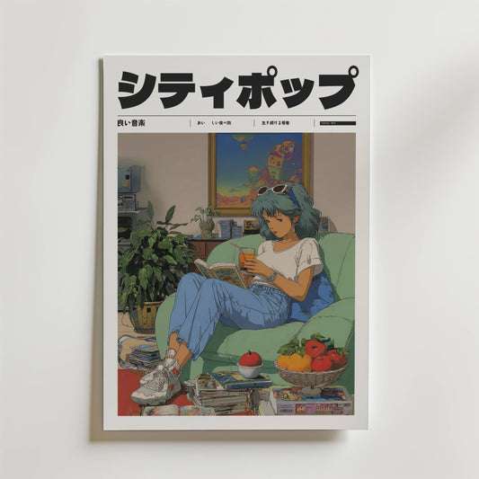 Bozetto Lo-Fi Morning Poster föreställer en blåhårig person med glasögon som slappnar av i en soffa och läser bland växter, böcker, frukt och en TV. Japanska tecken stavar titeln högst upp, vilket bidrar till den mysiga atmosfären.