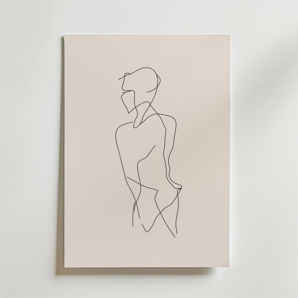 Bozetto Solitary Line Body Poster visar minimalistisk linjekonst av en person i profil, ritad med en enda svart matt linje på premiumpapper mot en ljusbeige bakgrund.