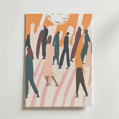 Abstrakt konstverk med siluettfigurer som går på en ljus bakgrund med orange, rosa och krämfärgade penseldrag. Together Apart Poster by Bozetto är tryckt på premiumpapper för en levande finish som fångar rörelse och energi.