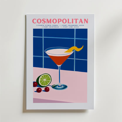 Bozetto Cosmopolitan Cocktail Poster föreställer ett martiniglas med en citrontwist, tranbär, limeskiva och recept på premiumpapper mot blå kakelplattor - ett stilfullt tillägg till din inredning.