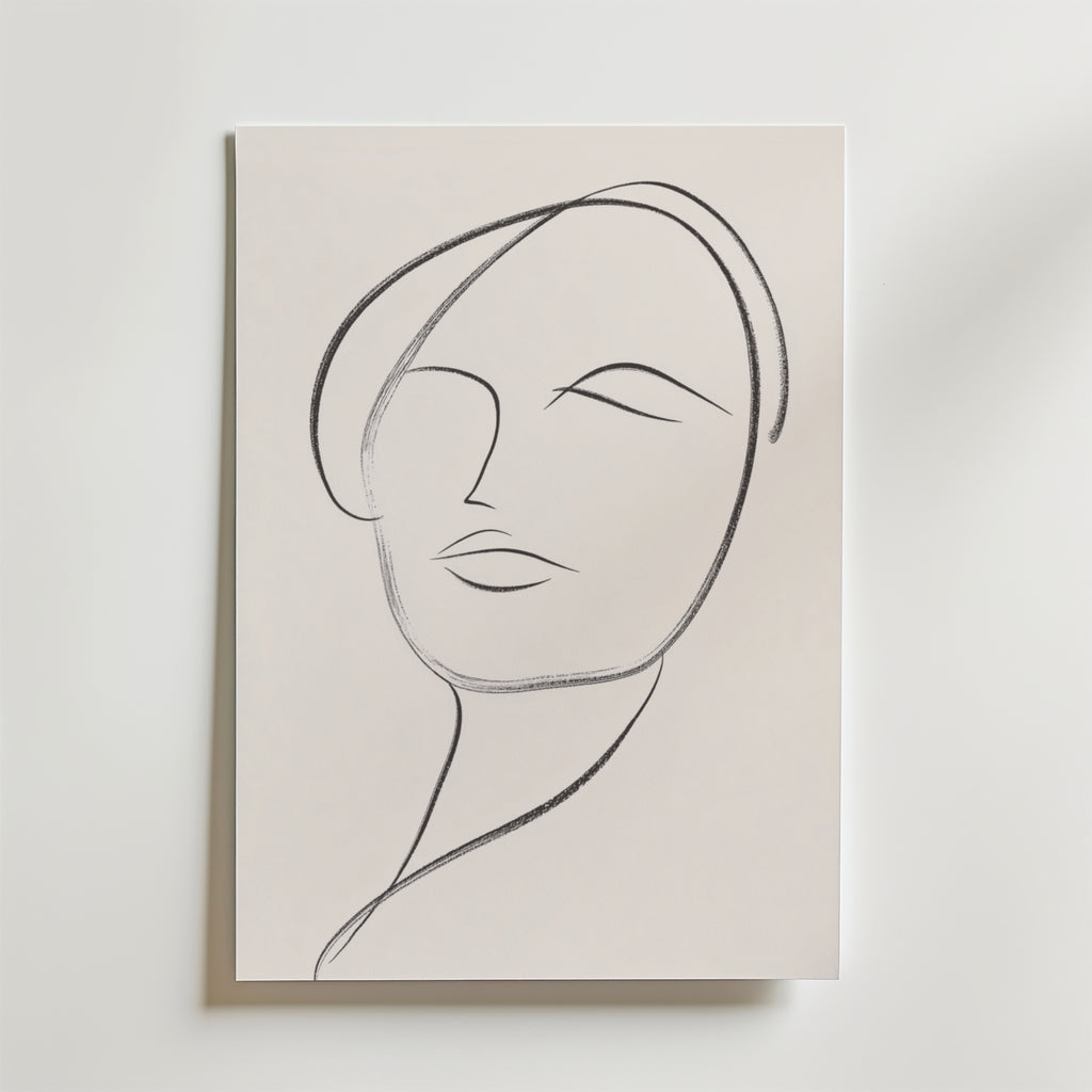 Bozetto's Minimalist Female Portrait Poster visar en modern linjeteckning av en kvinnas ansikte i enkla svarta streck på premiumpapper, med ögon, läppar och en lätt huvudlutning mot en ljus bakgrund.