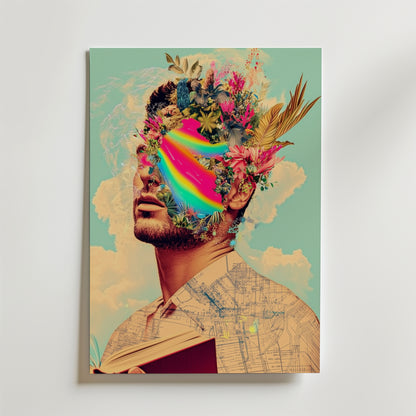 Surreal Floral Mindscape Poster från Bozetto föreställer en mans ansikte som smälter samman med livfulla blommor och en regnbåge som framkallar gränslös fantasi. Tryckt på FSC-certifierat premiumpapper.