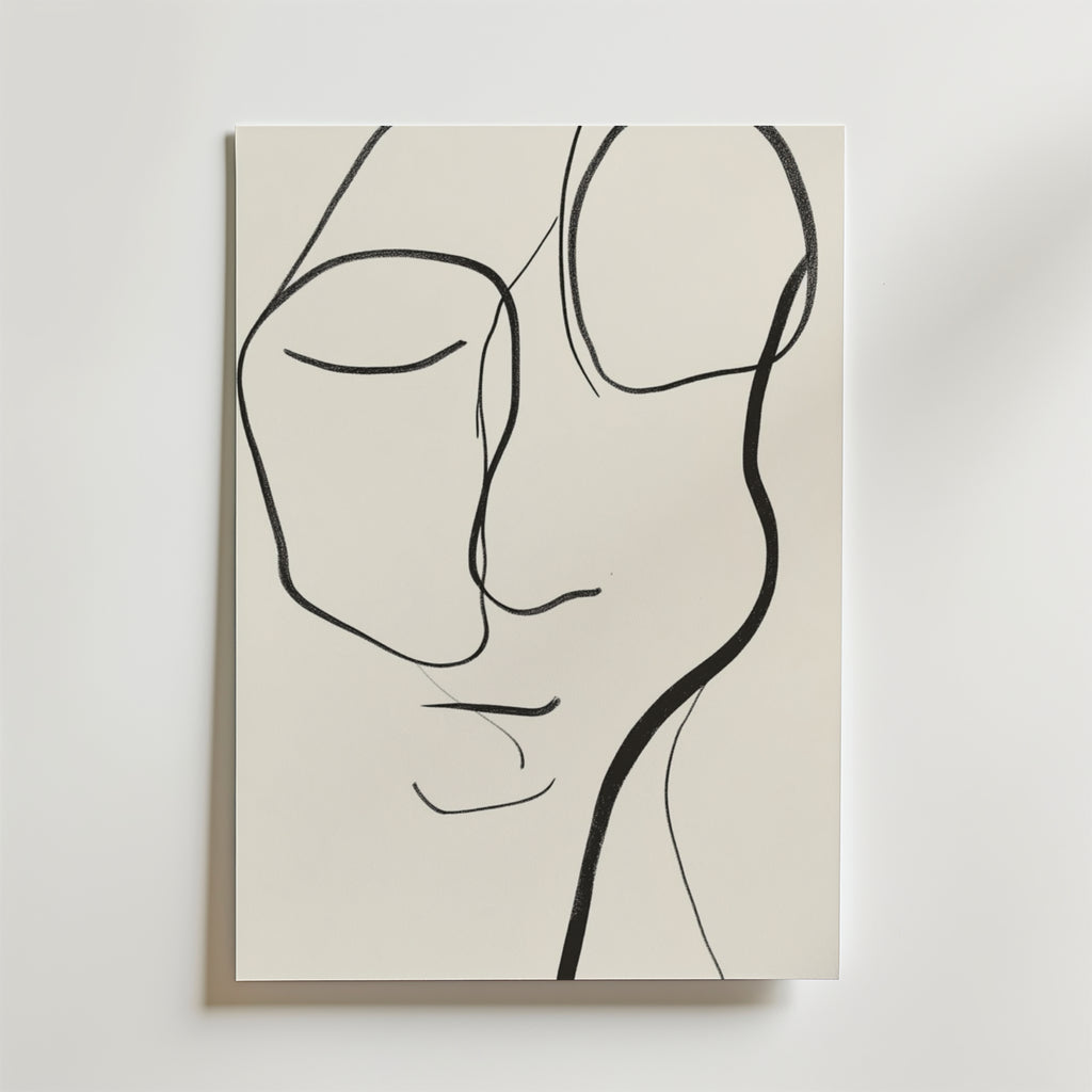 Silent Reflections Poster by Bozetto har en minimalistisk linjeteckning av ett ansikte på matt yta premiumpapper, med enkla svarta linjer för att avbilda slutna ögon, en näsa och läppar i en modern, abstrakt stil.