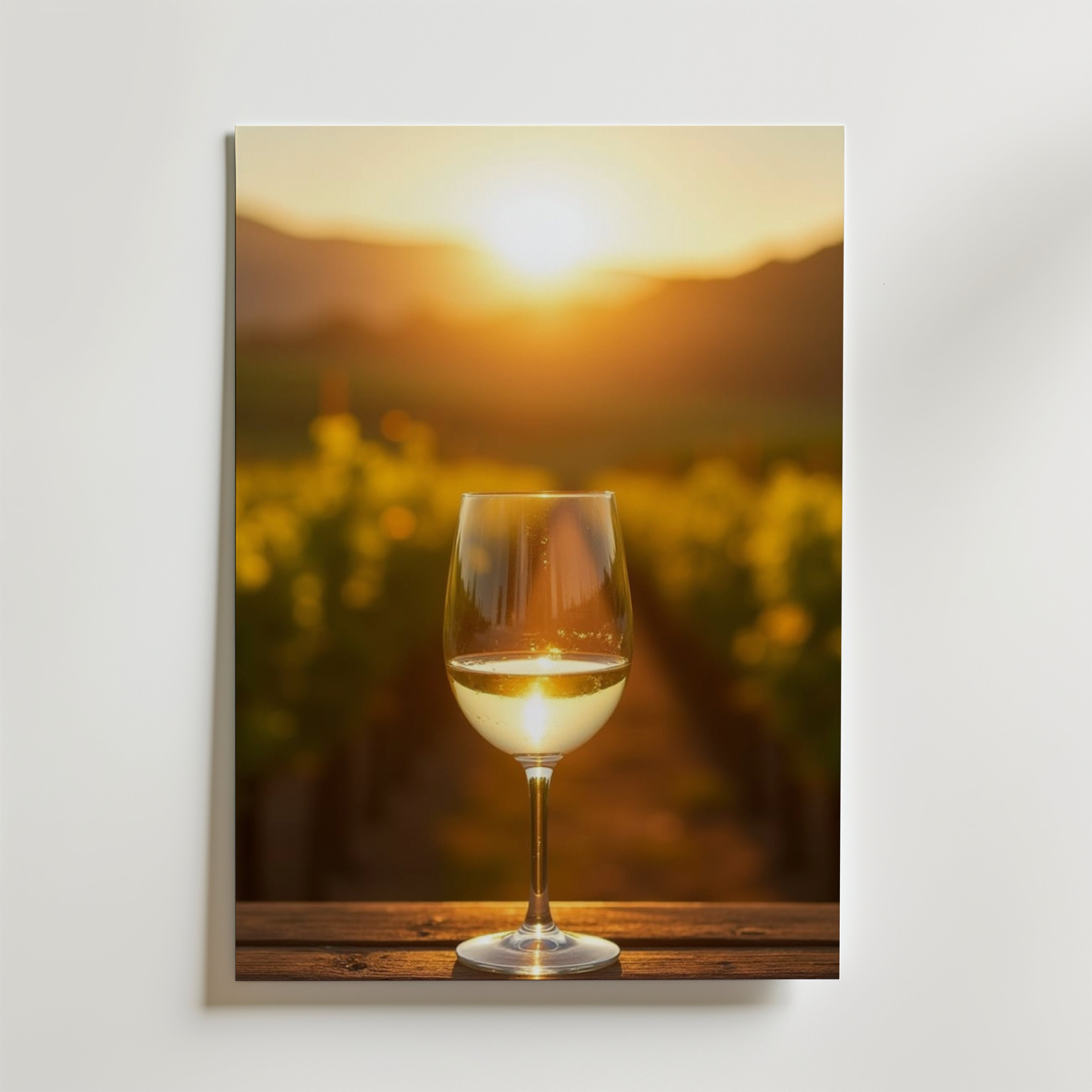 Ett glas vitt vin vilar på ett träbord med utsikt över vingårdar i solnedgången, vackert avbildat i White Wine Field Poster by Bozetto, tryckt på premiumpapper med lyxigt matt yta.
