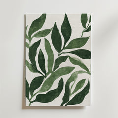 Green Botanical Leaf Poster från Bozetto är en minimalistisk canvas med stora överlappande gröna blad på en vit bakgrund, som erbjuder djärv, modern väggkonst med texturerade penseldrag och enkla former.