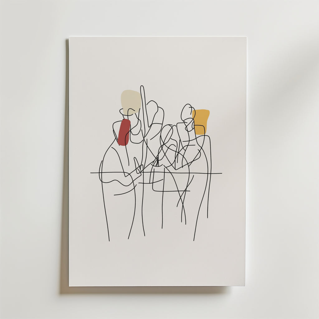 Bozetto Urban Harmony Poster har minimalistiska linjeteckningar av människor med abstrakta färgade former på vit canvas, vilket ger en ren och modern touch av modern konst till alla utrymmen. Tryckt på premiumpapper för en högkvalitativ finish.