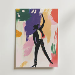 Whispers of Light Poster by Bozetto visar en färgstark abstrakt målning med en hattbärande silhuett som poserar på en levande, mångfärgad bakgrund, tryckt på premiumpapper med en lyxig matt finish.