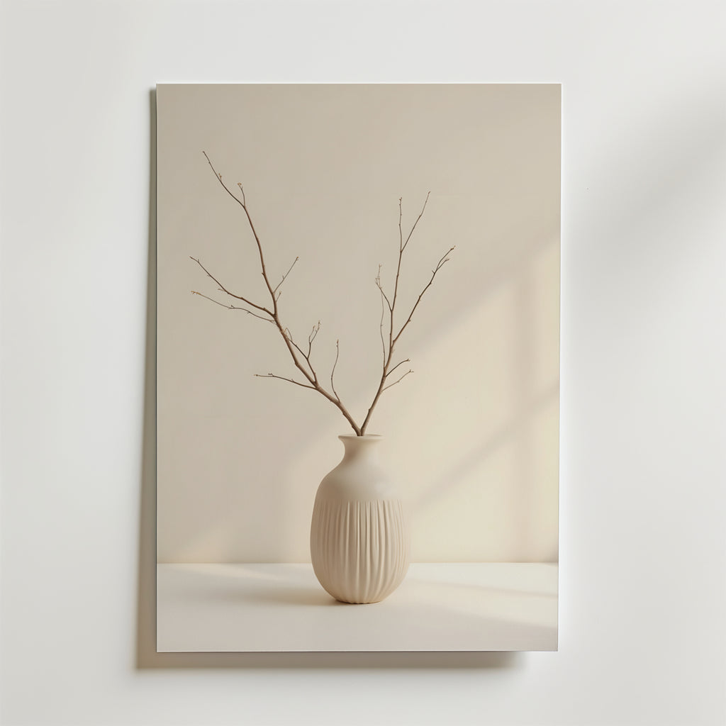 Den minimalistiska Ceramic Vase Poster från Bozetto visar en keramisk vas med smala grenar mot en mjuk bakgrund. Affischen är tryckt på premiumpapper med en matt finish och skira ljus och skuggor ger djup till detta lugna och eleganta konstverk.