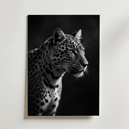 Precious Tiger Poster från Bozetto föreställer en svartvit tiger som blickar åt höger, med sina slående ränder mot en mörk bakgrund. Affischen är tryckt på FSC-certifierat premiumpapper med lyxigt matt yta och hänger i en enkel ram på en enfärgad vägg.