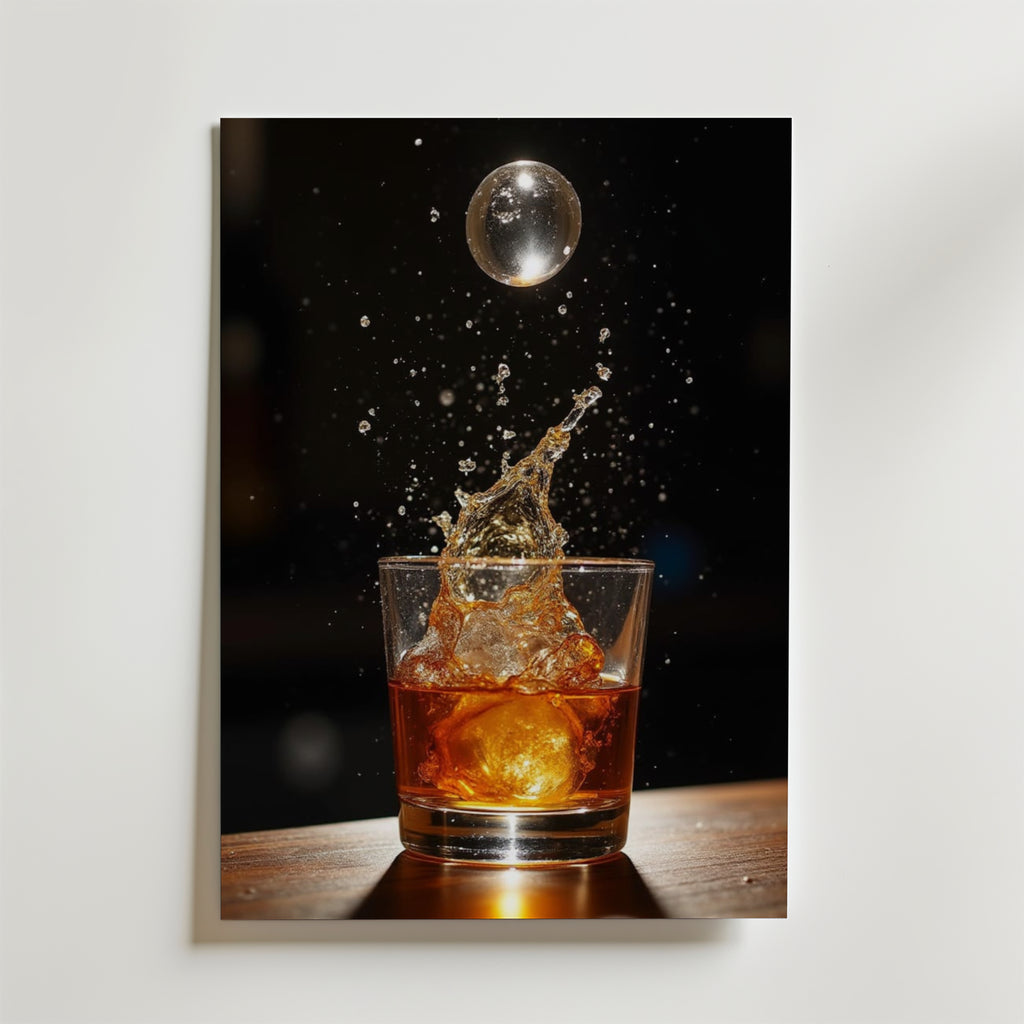 Bozettos Whiskey Splash Poster visar en rund isklump som droppar ner i whiskey och dropparna svävar i luften. Affischen är tryckt på FSC-certifierat premiumpapper med en lyxig matt finish och skiner i varmt ljus.