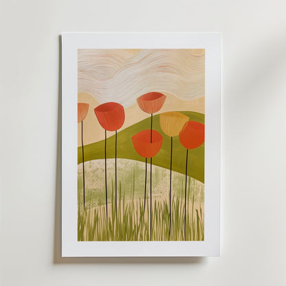 Abstract floral poppies Poster" från Bozetto föreställer röda och gula blommor på matt premiumpapper, med gröna kullar och en pastellfärgad himmel, och visas elegant lutad mot en vit vägg.