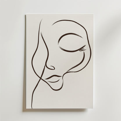 Dreamy Line Art Face Poster" av Bozetto föreställer ett lugnt ansikte med slutna ögon och böjda läppar, tecknat med minimalistiska svarta linjer på vit canvas för en elegant, abstrakt look.
