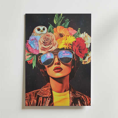 Bozetto Floral Eyewear Portrait Poster föreställer en kvinna i reflekterande solglasögon och läderjacka, prydd med färgglada blommor och en uggla, mot en mörk bakgrund, tryckt på premiumpapper med matt yta.