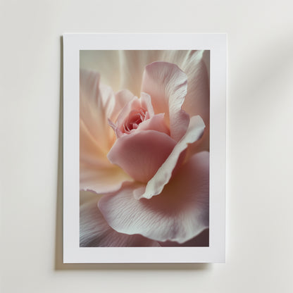 Bozetto Floral Rose Bloom Poster föreställer en delikat ljusrosa ros i full blom på FSC-certifierat premiumpapper med lyxigt matt yta, som visar mjuka kronblad mot en ljus bakgrund för en elegant väggdekoration.