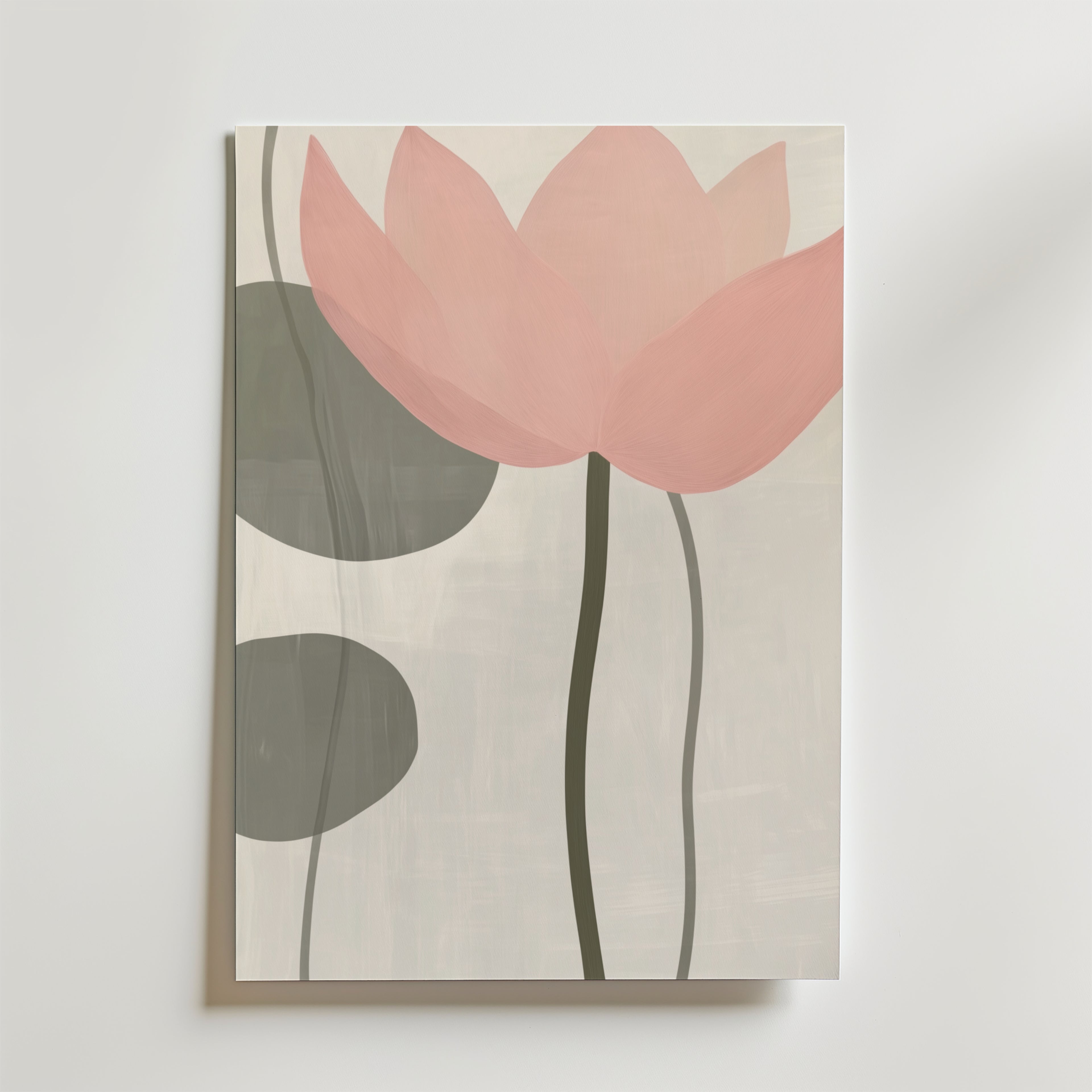 Blossoming Lotus Poster by Bozetto: ett minimalistiskt konstverk med en rosa lotusblomma med två gröna blad på en ljus bakgrund, utformad i enkla former och mjuka, dämpade färger på premiumpapper.