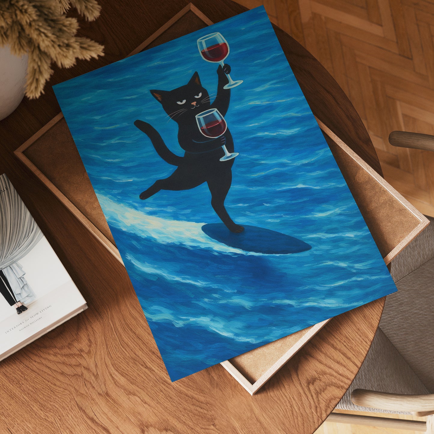 Surfing Wine Cat Poster