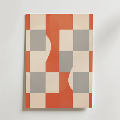 Postern Earth Harmony från Bozetto har en modern japandi-estetisk design med ett rutnät av krämfärgade, orangea och grå rutor som korsas av böjda beige former, vilket skapar en djärv geometrisk abstrakt på en vit bakgrund.