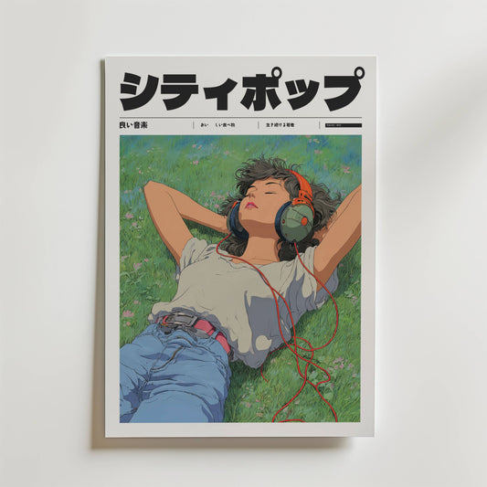 Echoes in the Grass Poster" av Bozetto föreställer en illustrerad kvinna som ligger i gräset med stora hörlurar och solglasögon, händerna bakom huvudet i en pose som fångar en känsla av frihet. Japansk text visas högst upp.