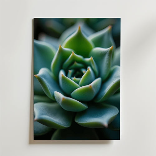 Nature's Geometry Poster by Bozetto visar en närbild av en grön suckulents rosettmönster på en vit bakgrund - perfekt för att skapa harmoni och stil i ditt rum.