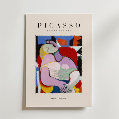 Bozetto Picasso Cubist Siesta Poster visar en livfull abstrakt målning av en liggande kvinna, inspirerad av Picassos kubistiska stil. På postern står det "PICASSO MODERN GALLERY" med "Artwork Collection" under bilden.