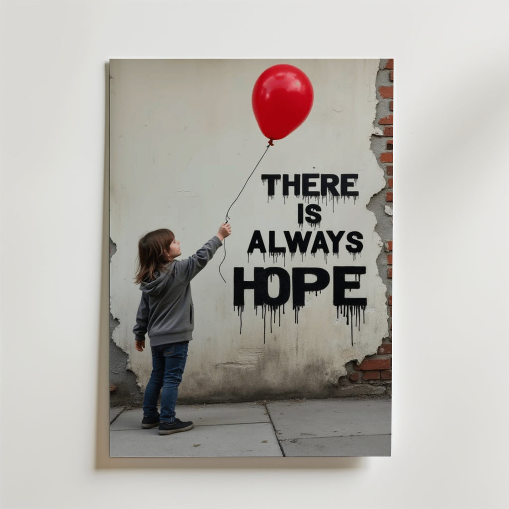 Bozetto There Is Always Hope Poster visar ett barn med en röd ballong som sträcker sig mot en tegelvägg med graffiti som lyder "THERE IS ALWAYS HOPE", och fångar en inspirerande scen mot åldrade tegelstenar och flagnande färg.