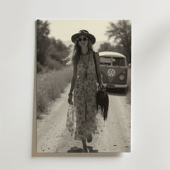 Old School Roadtrip Poster by Bozetto föreställer en kvinna i blommig klänning och hatt, barfota på en grusväg med en vintage VW van bakom sig. Detta nostalgiska svartvita foto är vackert tryckt på premiumpapper.