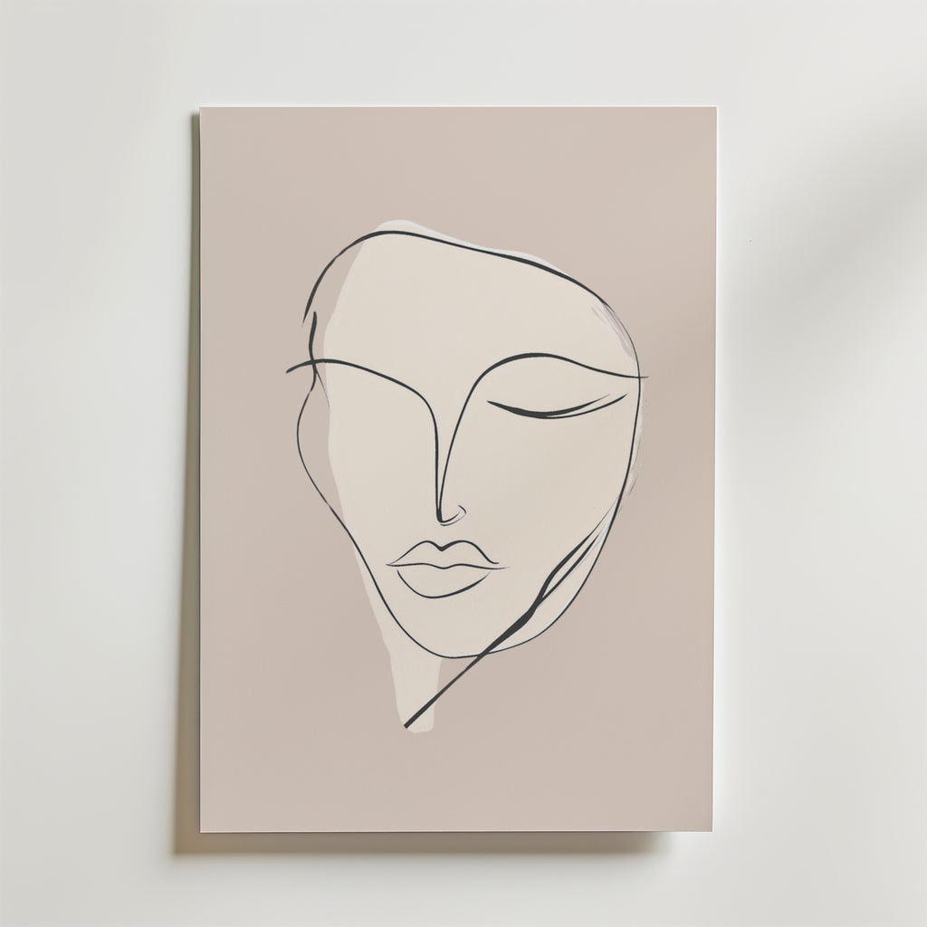 Bozetto Serenity Line Face Poster föreställer ett lugnt ansikte med slutna ögon i enkla svarta konturer och mjuka skuggningar på premiumpapper med matt finish, vackert placerad mot en ljus vägg.