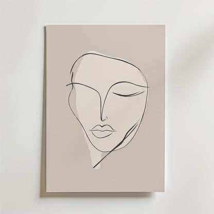 Bozetto Serenity Line Face Poster föreställer ett lugnt ansikte med slutna ögon i enkla svarta konturer och mjuka skuggningar på premiumpapper med matt finish, vackert placerad mot en ljus vägg.