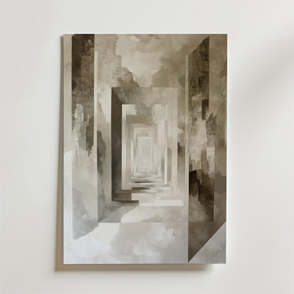 En surrealistisk, geometrisk hall med upprepade grå och beige bågar skapar oändligt djup mot en molnig bakgrund - Abstract Infinity Poster by Bozetto, tryckt på premiumpapper med en lyxig matt finish.