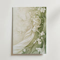 En elegant, stiliserad kvinna i böljande vita kläder med gröna blad och vita blommor smälter in i en mjuk, naturinspirerad bakgrund - perfekt som Abstract Blossom Grace Poster by Bozetto på premiumpapper med en lyxig matt finish.