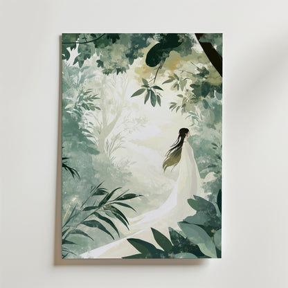 En digital illustration av en långhårig figur i vit klänning står i en solbelyst skog med frodig grönska - perfekt som Bozetto Mystical Journey Poster, tryckt på premiumpapper med matt yta.