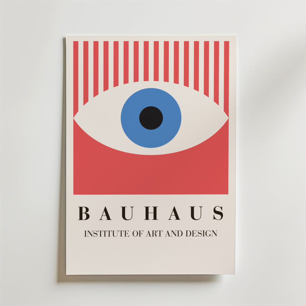 Bozetto Bauhaus Eye Design Poster visar ett stiliserat öga med röda, blå och vita geometriska former på premiumpapper - en djärv hyllning till Bauhaus Institute of Art och modern design.