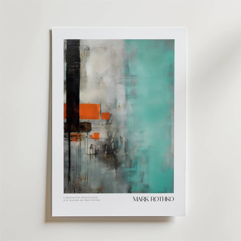 Postern Dissipating forms Mark Rothko Poster från Bozetto visar abstrakta svarta, orange, grå och turkosa partier på FSC-certifierat premiumpapper med en lyxig matt finish. MARK ROTHKO visas längst ner till höger med text under bilden.