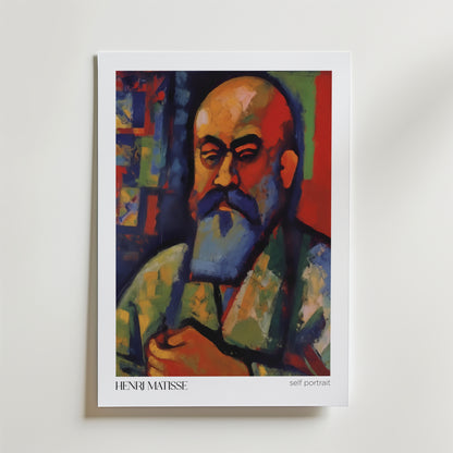 Postern Self Portrait in Red & Blue Matisse Poster från Bozetto föreställer ett färgstarkt abstrakt porträtt av Matisse med skalligt huvud, glasögon och blått skägg på FSC-certifierat premiumpapper. Texten nedan lyder HENRI MATISSE self portrait.