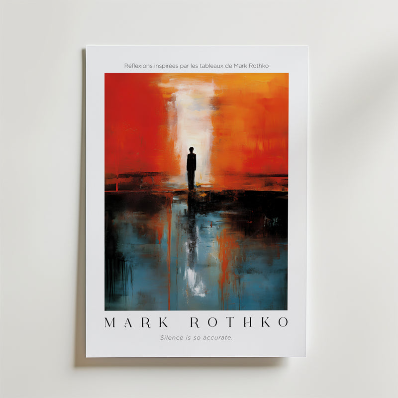 Alone in Color Mark Rothko Poster från Bozetto har abstrakt konst i rött, orange, svart och blått med en central silhuett. Tryckt på FSC-certifierat premiumpapper för en lyxigt matt finish av hög kvalitet. Text: Mark Rothko: Mark Rothko: Tystnad är så exakt.