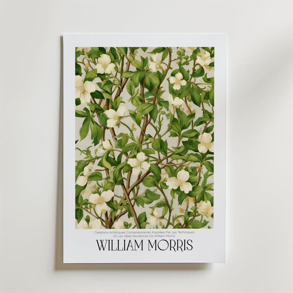William Morris Ivory Blossom Vine Poster – En elegant poster med slingrande grenar, frodiga gröna blad och mjuka elfenbensvit