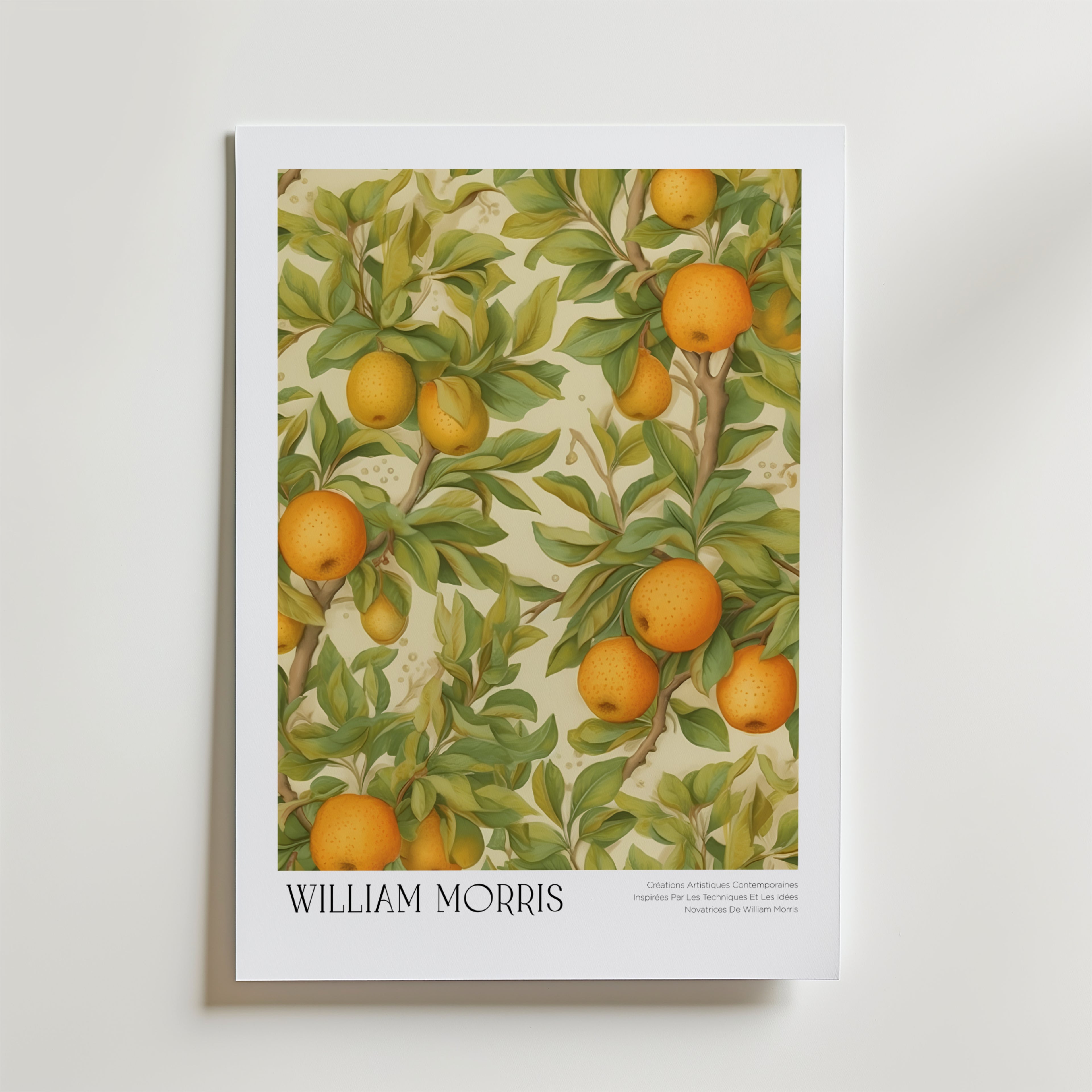 William Morris Golden Orchard Citrus Poster – En elegant botanisk poster med frodiga gröna blad och mogna citrusfrukter i var